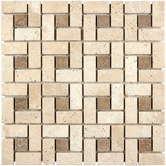 Ivory (Light) Travertine 1’’ X 2’’ Pinwheel Mosaic w/ Noce Dots Tumbled Wall Tile
