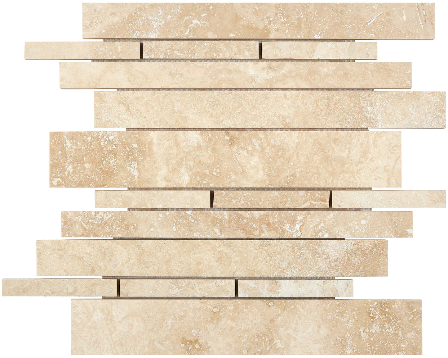 Ivory (Light) Travertine Random Strip Manhattan Mosaic Honed Wall Tile