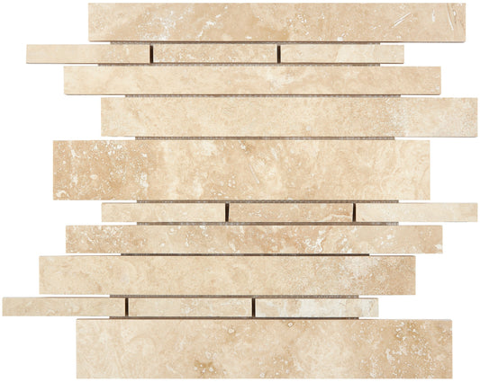 Ivory (Light) Travertine Random Strip Manhattan Mosaic Honed Wall Tile