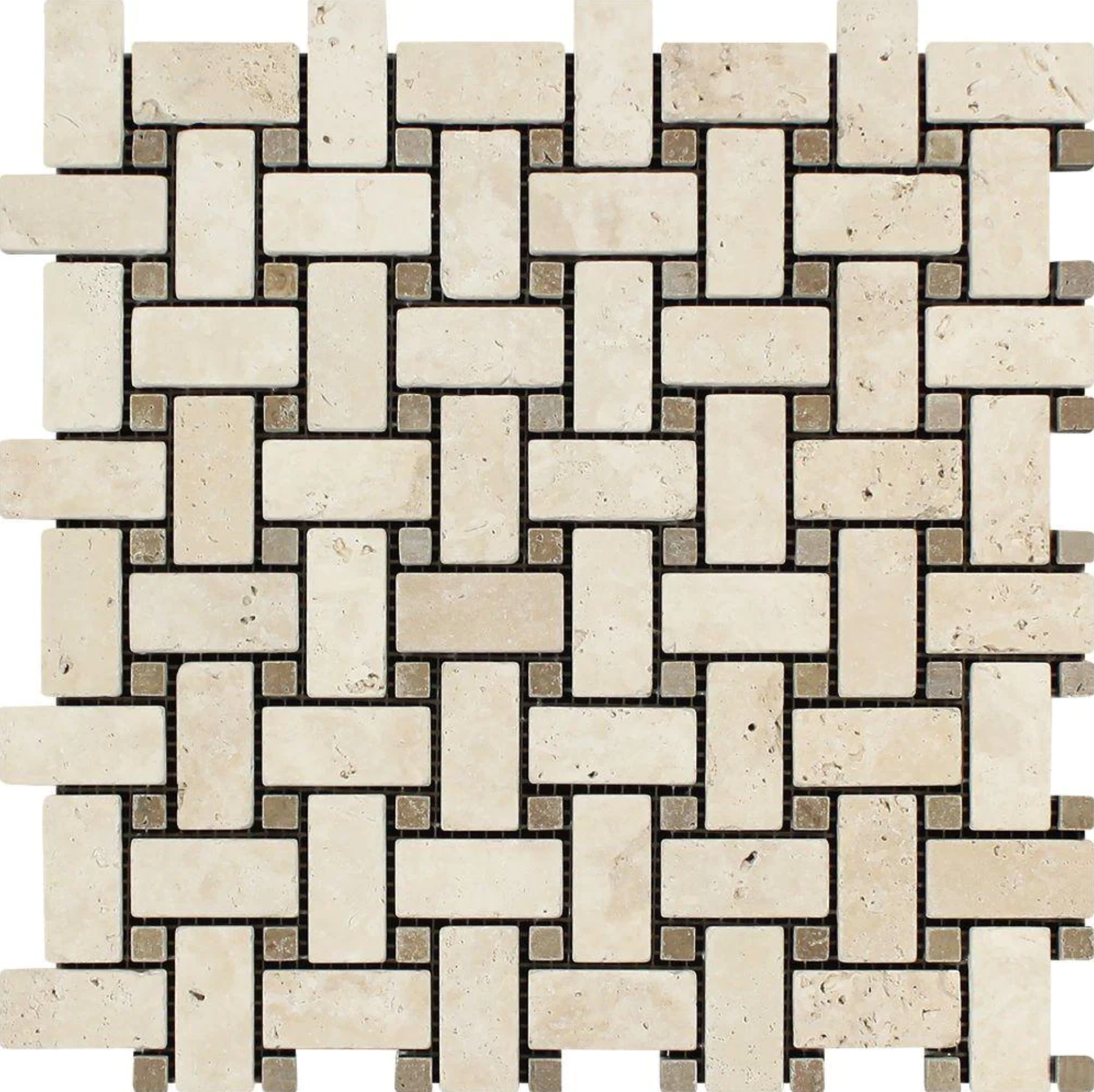 Ivory (Light) Travertine Basketweave Mosaic w/ Noce Dots Tumbled / 1 sheet Wall Tile