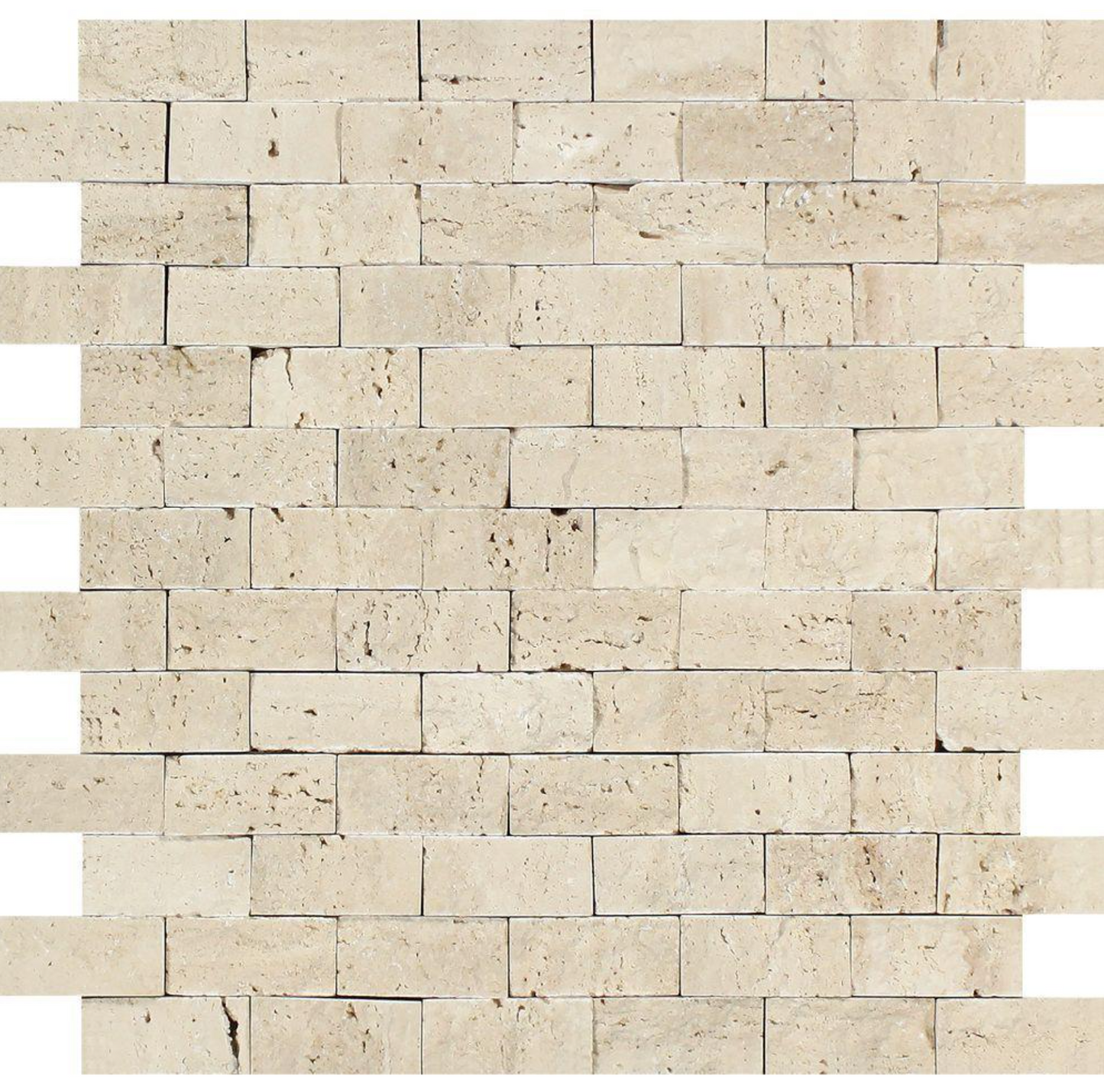 Ivory (Light) Travertine 1’’ X 2’’ Brick Mosaic Tumbled/Filled & Honed/Split-Faced Split-Faced / 1 sheet Wall Tile