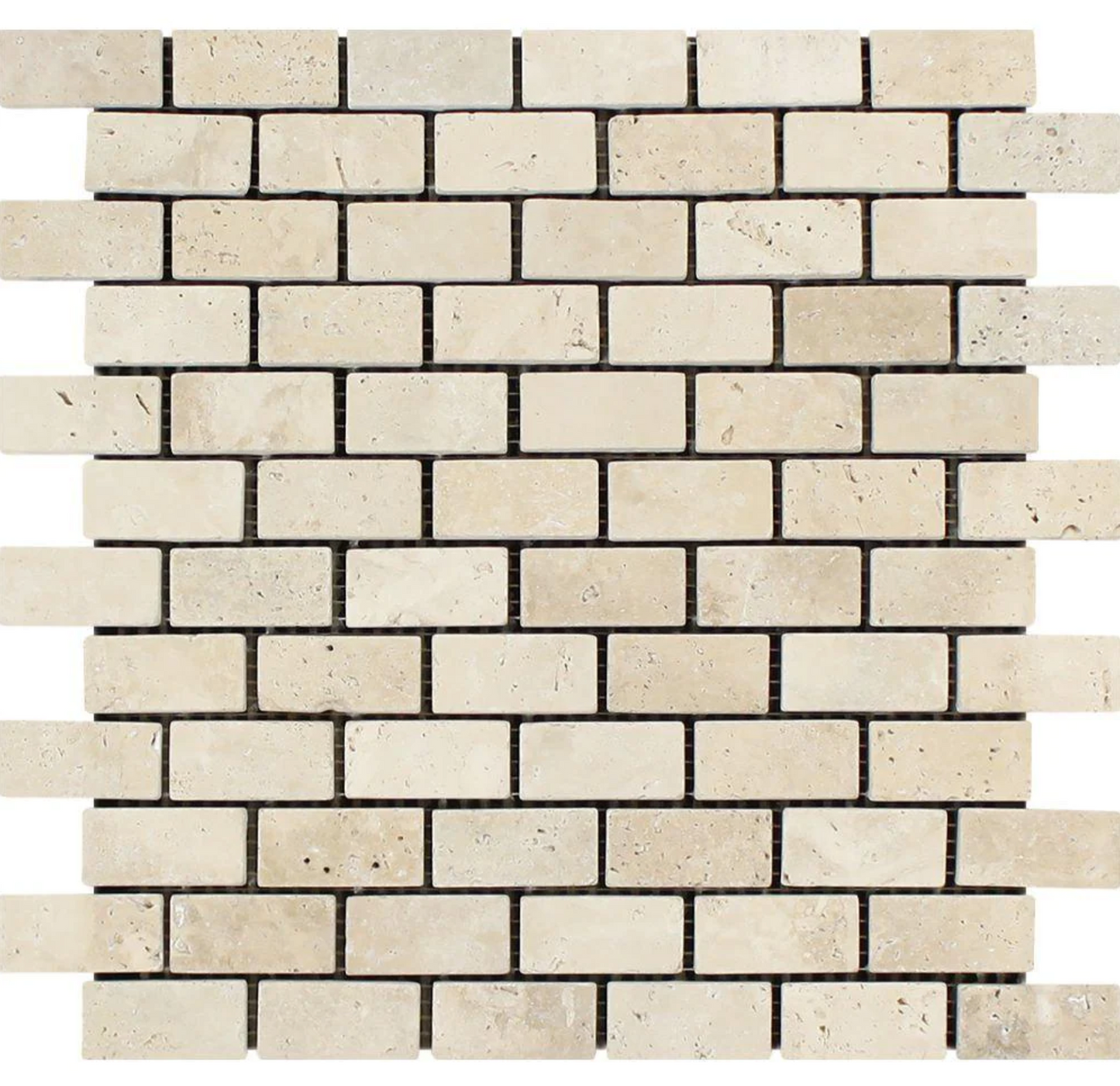 Ivory (Light) Travertine 1’’ X 2’’ Brick Mosaic Tumbled/Filled & Honed/Split-Faced Tumbled / 1 sheet Wall Tile