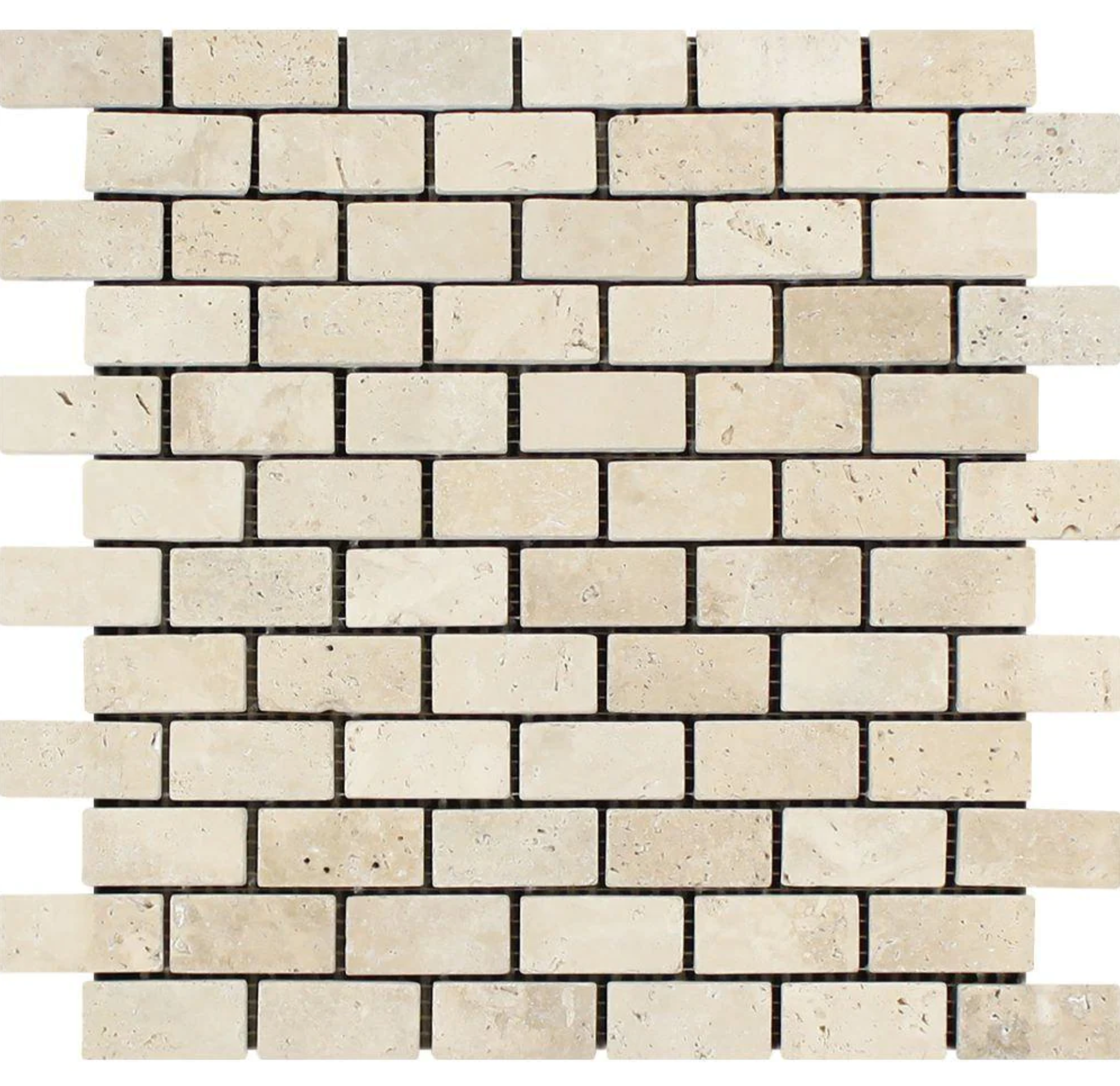 Ivory (Light) Travertine 1’’ X 2’’ Brick Mosaic Tumbled/Filled & Honed/Split-Faced Tumbled / 1 sheet Wall Tile