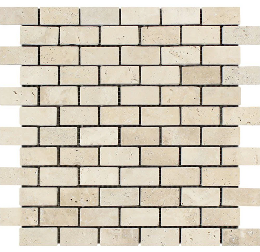 Ivory (Light) Travertine 1’’ X 2’’ Brick Mosaic Tumbled/Filled & Honed/Split-Faced Tumbled / 1 sheet Wall Tile