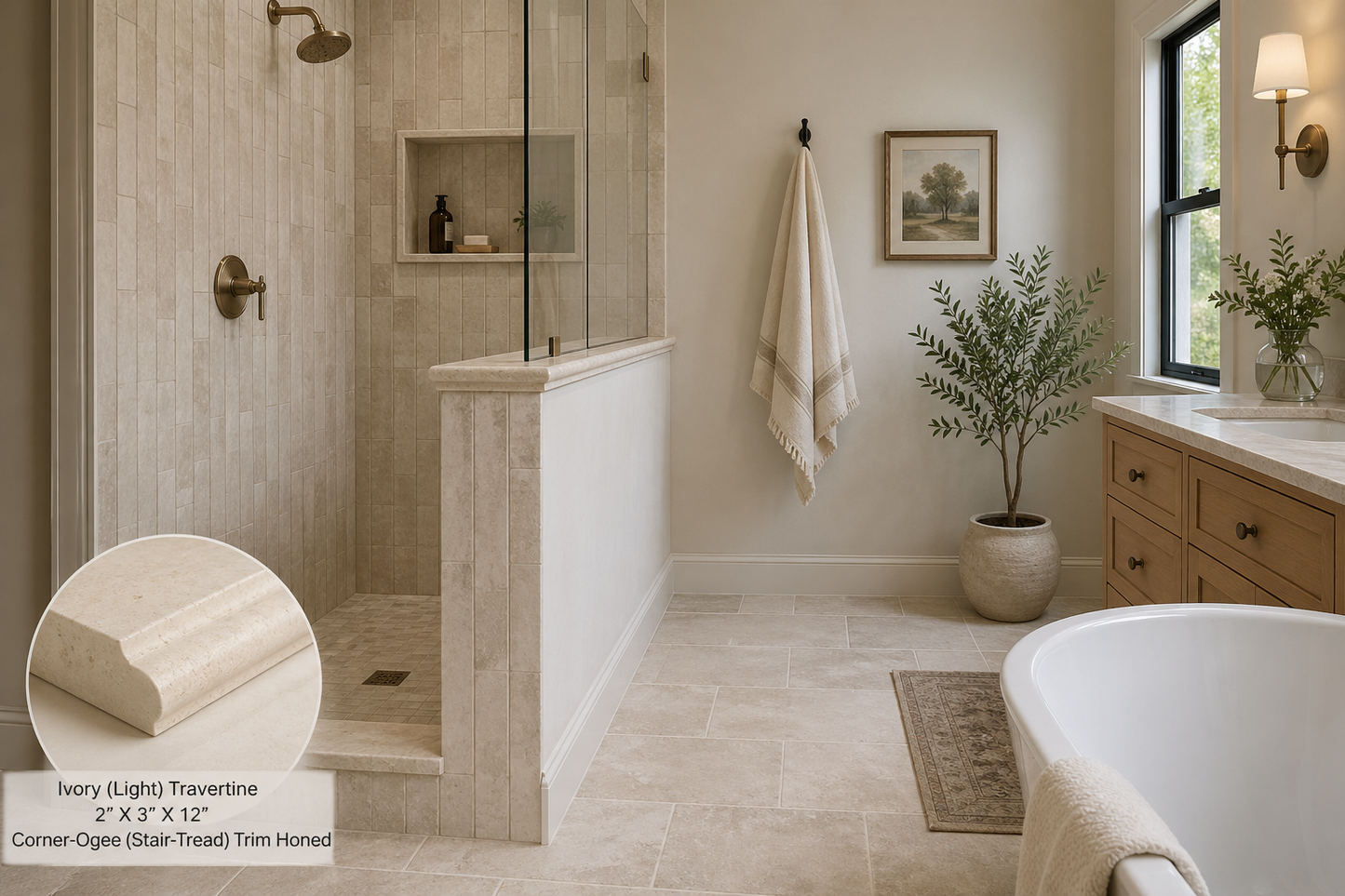 Ivory (Light) Travertine 2" X 3" X 12" Corner-Ogee (Stair-Tread) Trim Honed