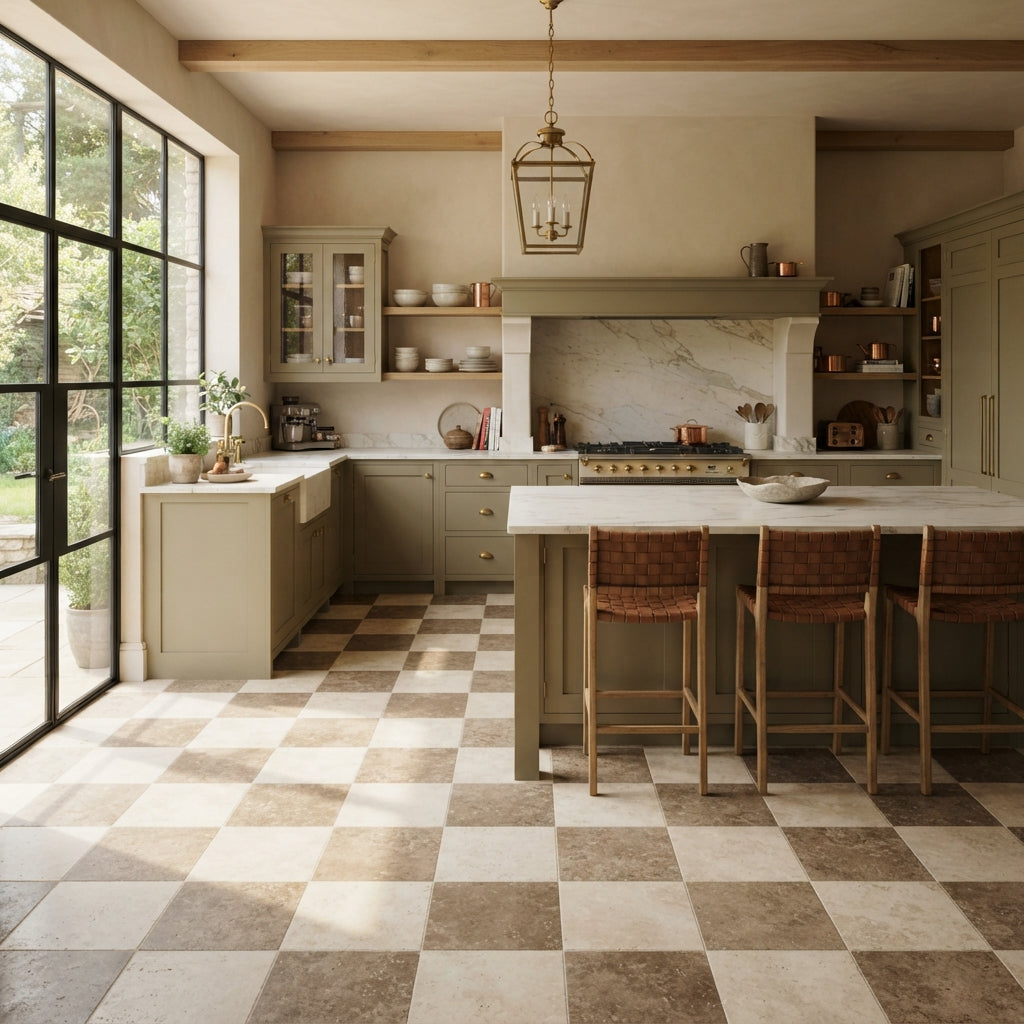 Checkerboard Travertine Tile - Ivory / Light & Noce