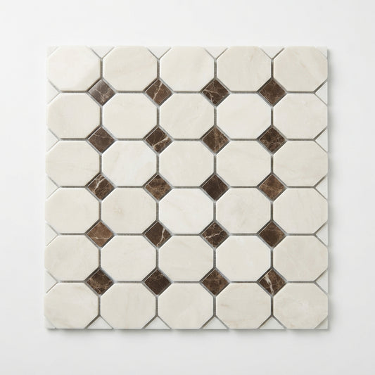 White Pearl (Turkish Botticino) Marble Mosaic - Octagon with Emperador Dark Dots