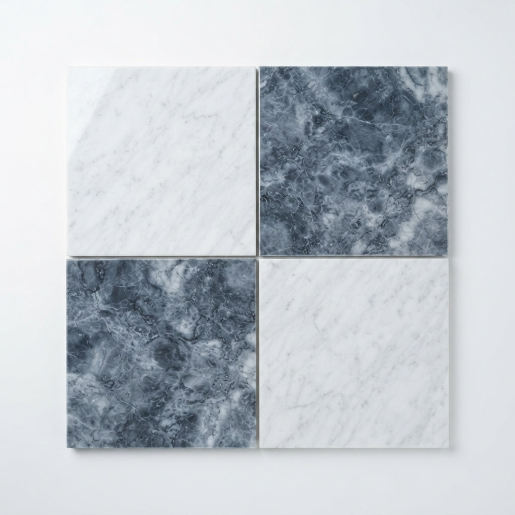 Checkerboard Marble Tile - Bianco Carrara & Bardiglio Nuvolato