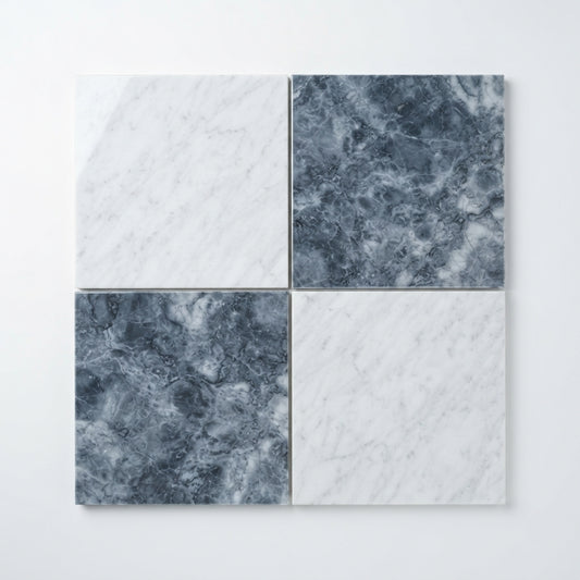Checkerboard Marble Tile - Bianco Carrara & Bardiglio Nuvolato