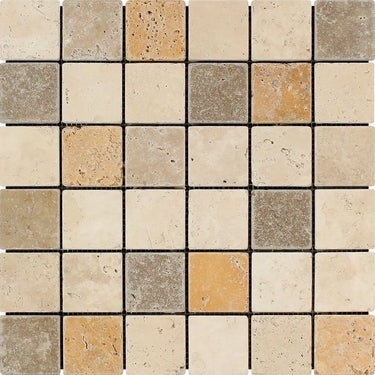 Mixed (Ivory + Noce + Gold) Travertine Mosaic - 2x2 Square