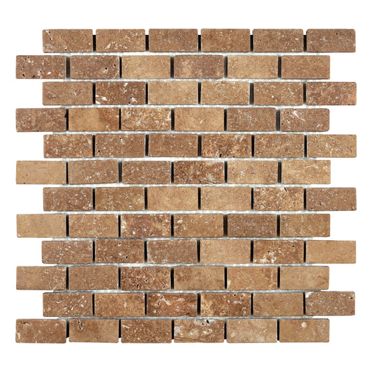 Noce Travertine 1’’ X 2’’ Brick Mosaic Tumbled/Filled & Honed/Split-Faced Wall Tile