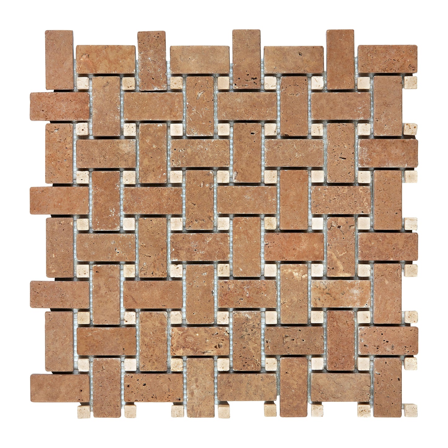 Noce Travertine Basketweave Mosaic (w/ Ivory Dots) Tumbled Wall Tile