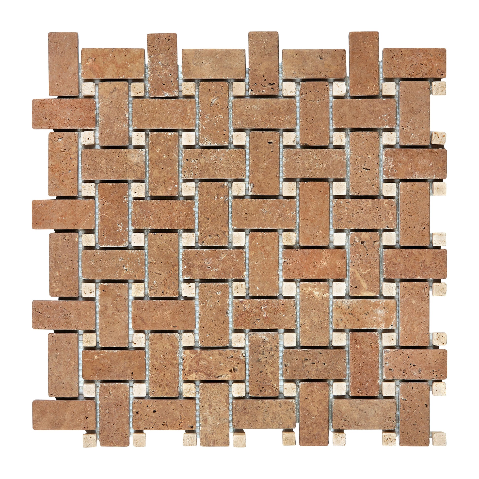 Noce Travertine Basketweave Mosaic (w/ Ivory Dots) Tumbled Wall Tile