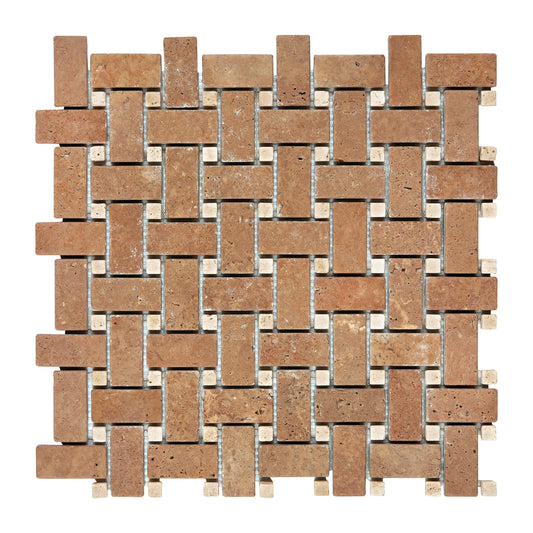 Noce Travertine Basketweave Mosaic (w/ Ivory Dots) Tumbled Wall Tile