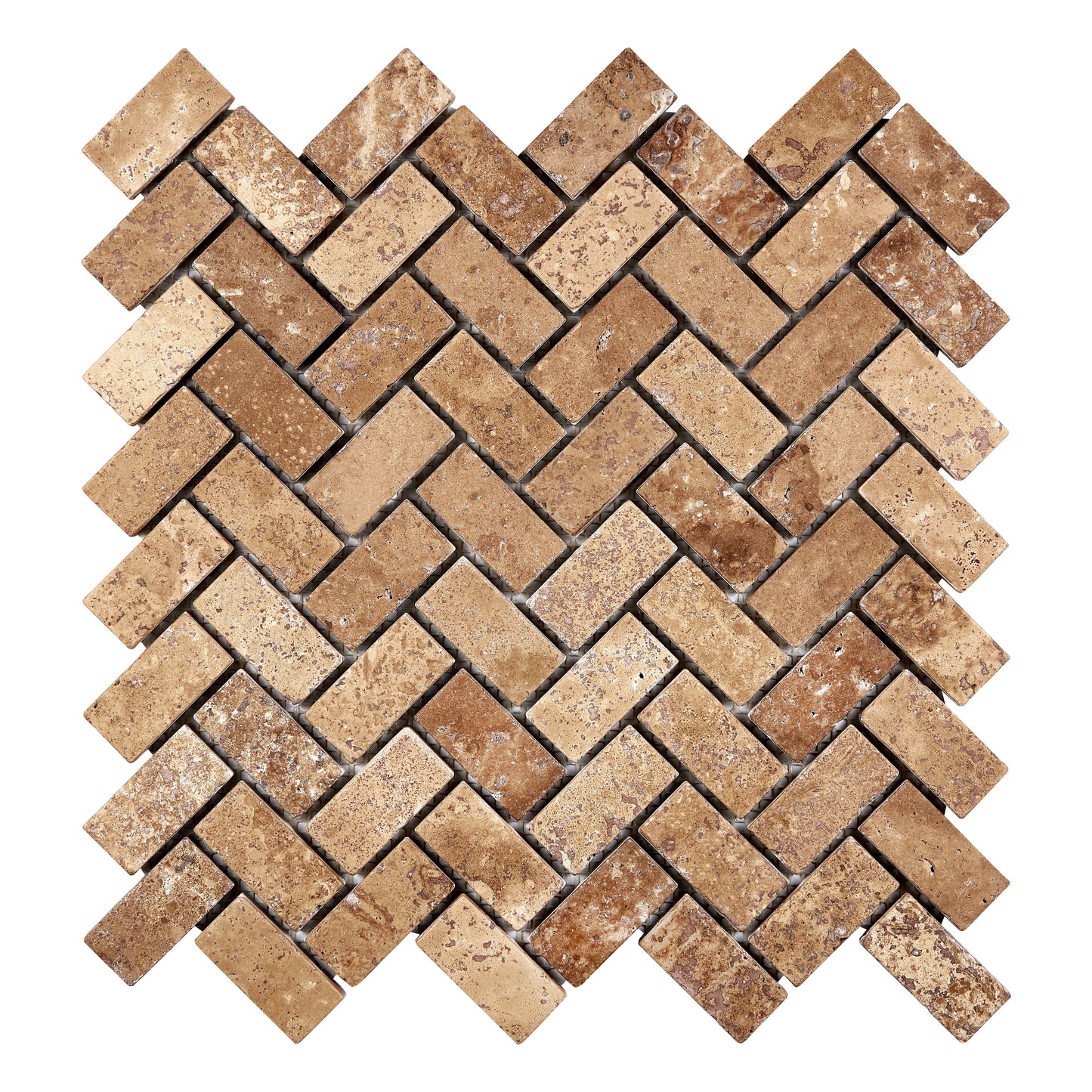 Noce Travertine 1’’ X 2’’ Herringbone Mosaic Tumbled Wall Tile