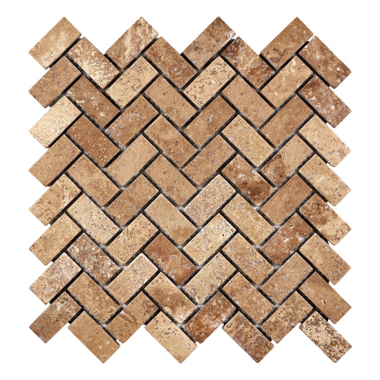 Noce Travertine 1’’ X 2’’ Herringbone Mosaic Tumbled Wall Tile