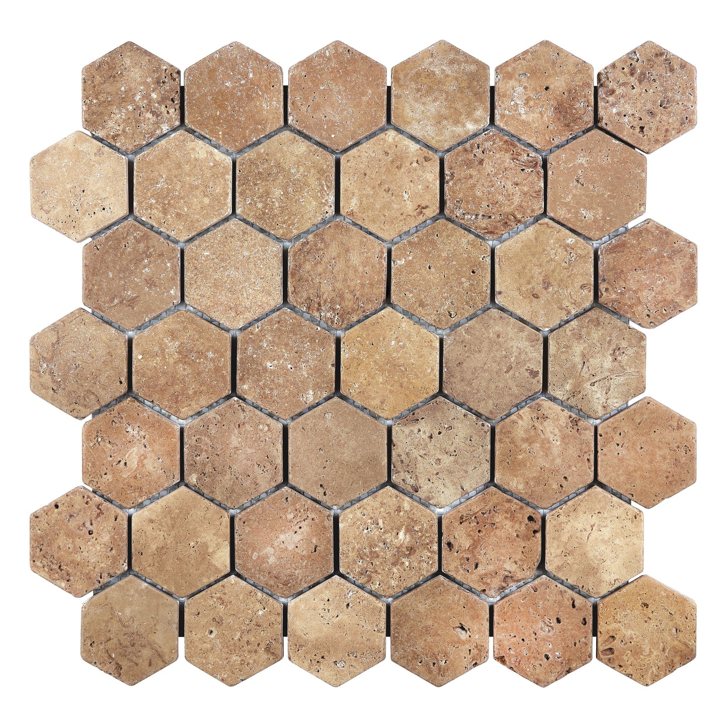 Noce Travertine 2’’ X 2’’ Hexagon Mosaic Tumbled Wall Tile