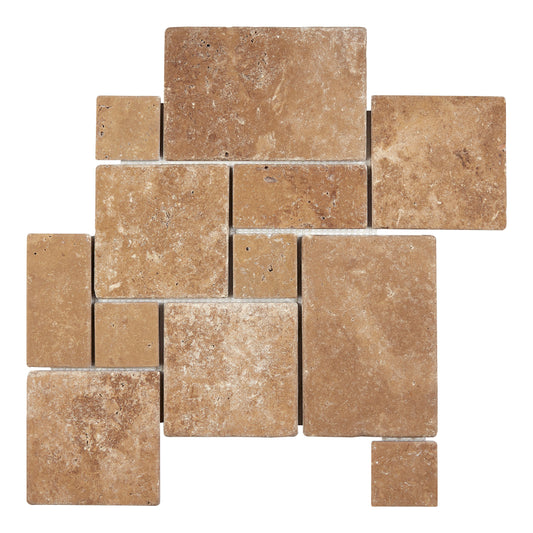 Noce Travertine OPUS Mini-Pattern (4 pcs.) Mosaic Interlocking Tumbled Wall Tile