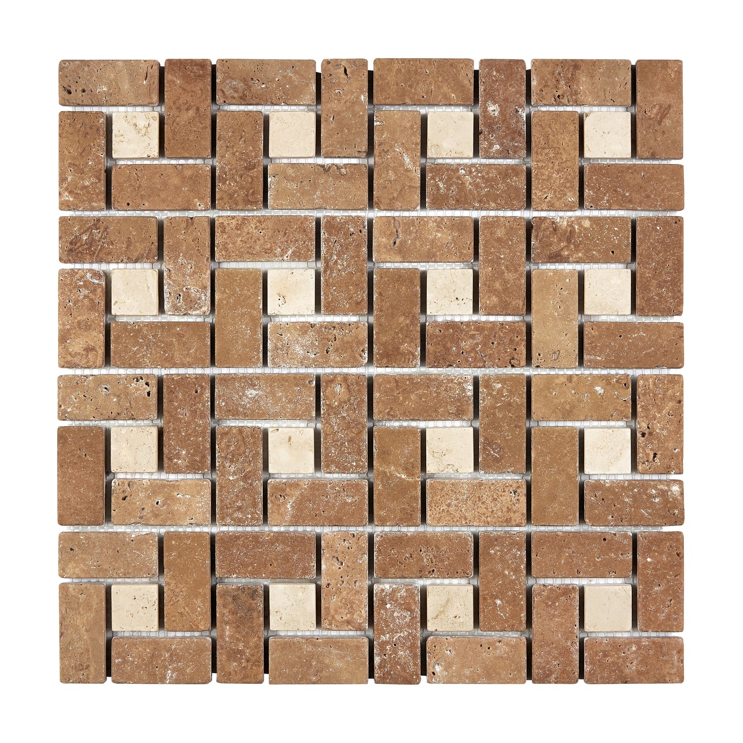 Noce Travertine 1’’ X 2’’ Pinwheel Mosaic w/ Ivory Dots Tumbled Wall Tile