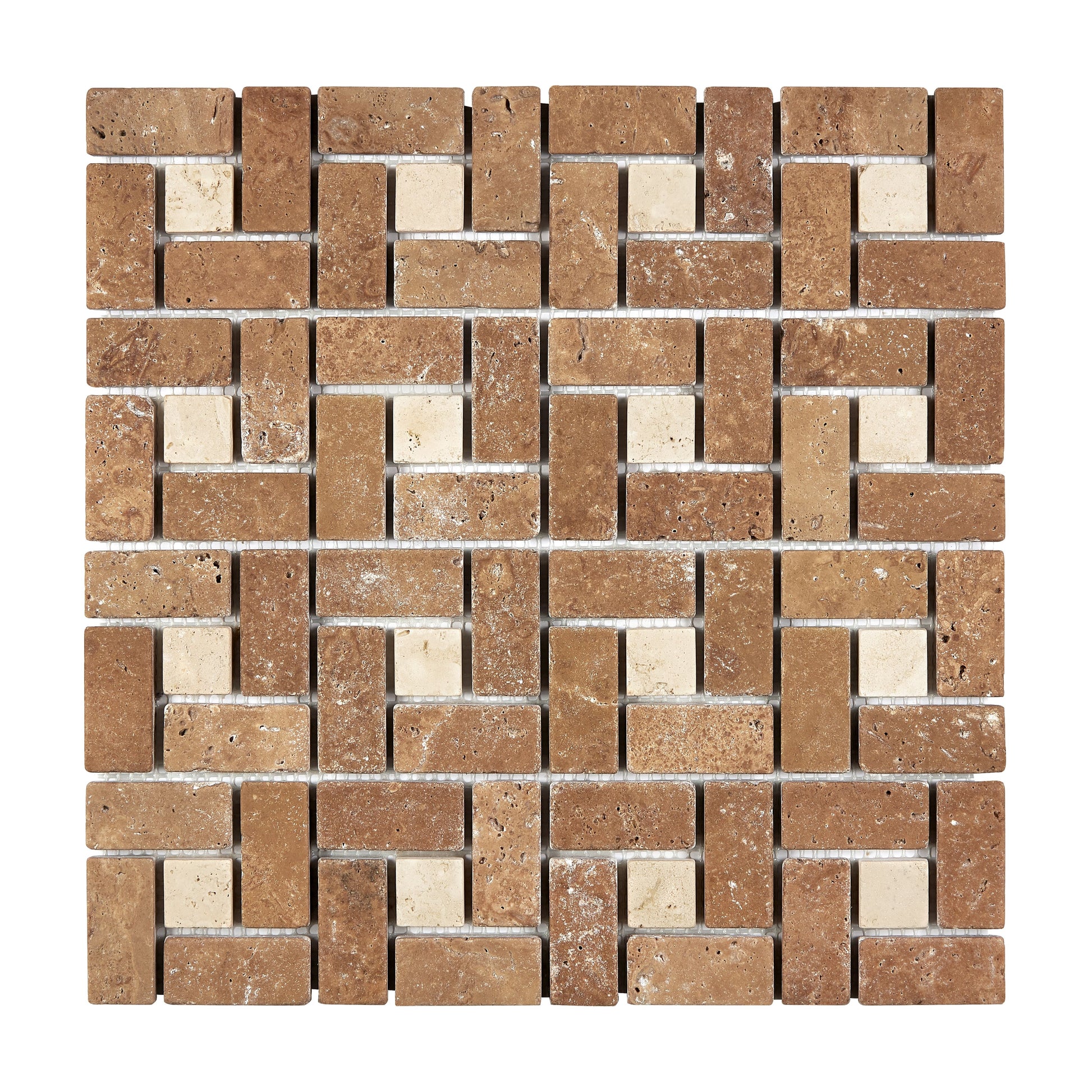 Noce Travertine 1’’ X 2’’ Pinwheel Mosaic w/ Ivory Dots Tumbled Wall Tile