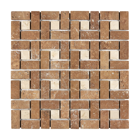 Noce Travertine 1’’ X 2’’ Pinwheel Mosaic w/ Ivory Dots Tumbled Wall Tile
