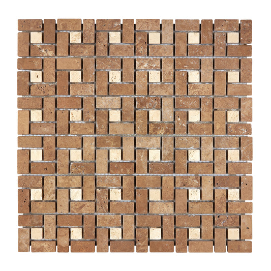 Noce Travertine 5/8’’ X 1-1/4’’ Pinwheel Mosaic w/ Ivory Dots Tumbled Wall Tile