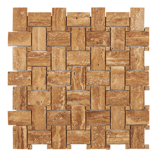 Noce Exotic Travertine Vein-Cut Basketweave Mosaic Brushed & Unfilled/Polished & Unfilled Brushed & Unfilled