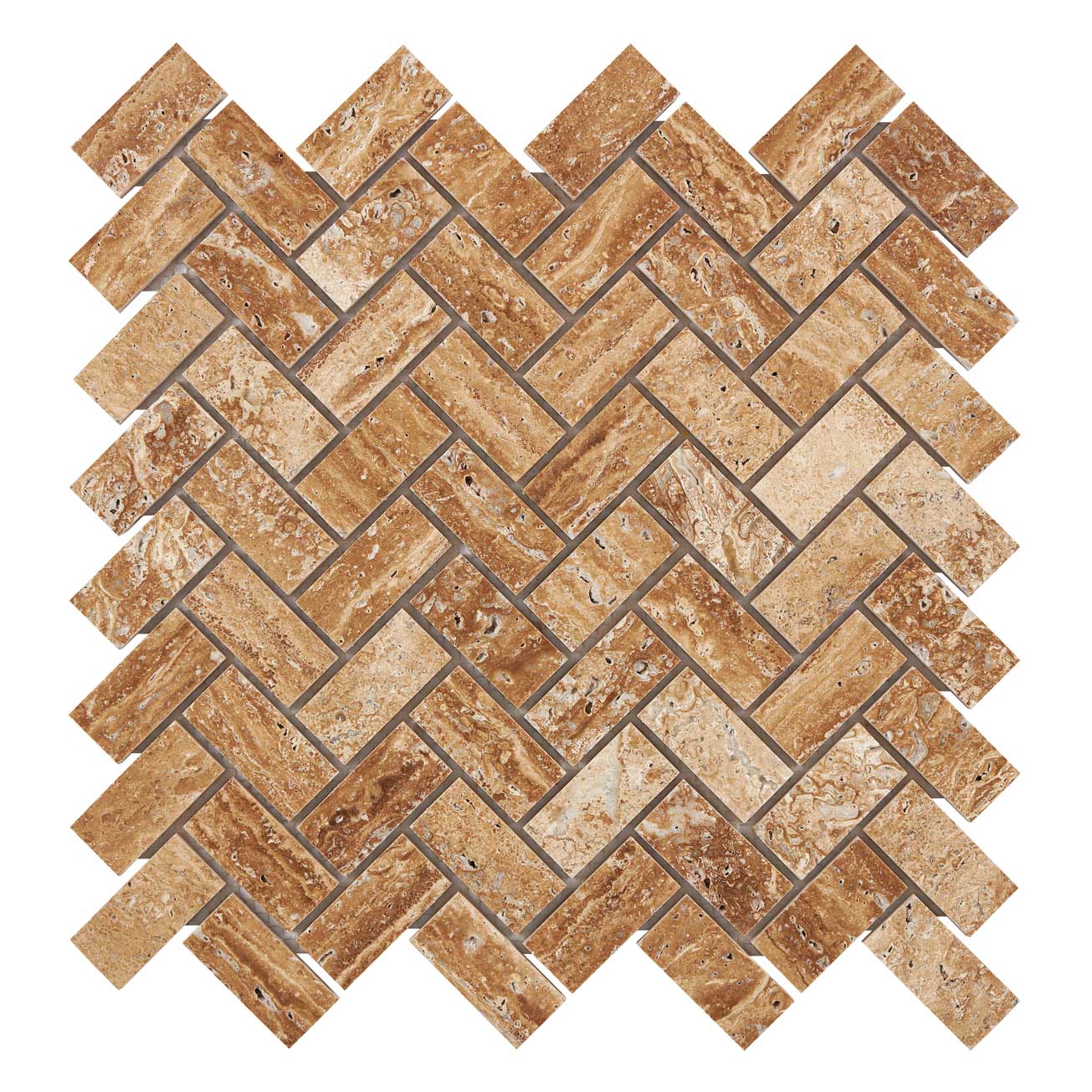 Noce Exotic Travertine Vein-Cut 1’’ X 2’’ Herringbone Mosaic Brushed & Unfilled/Polished & Unfilled Polished & Unfilled