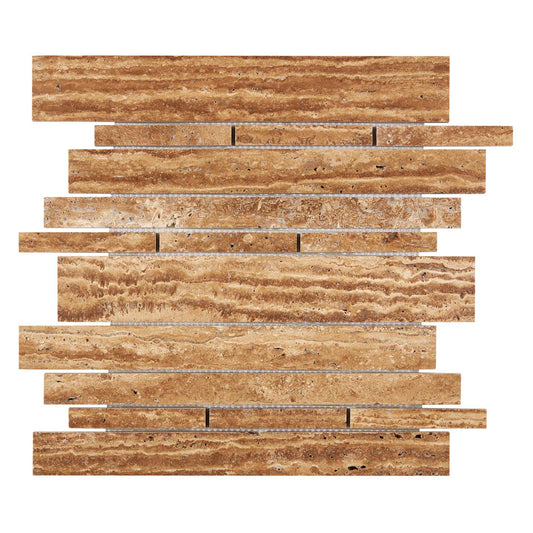 Noce Exotic Travertine Vein-Cut Random Strip Mosaic Brushed & Unfilled/Polished & Unfilled Brushed & Unfilled