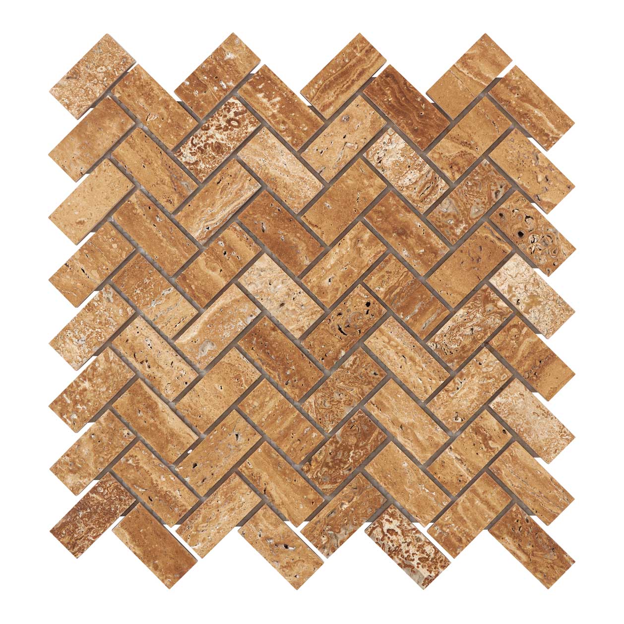 Noce Exotic Travertine Vein-Cut 1’’ X 2’’ Herringbone Mosaic Brushed & Unfilled/Polished & Unfilled Brushed & Unfilled