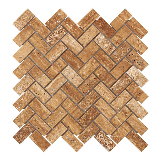 Noce Exotic Travertine Vein-Cut 1’’ X 2’’ Herringbone Mosaic Brushed & Unfilled/Polished & Unfilled Brushed & Unfilled