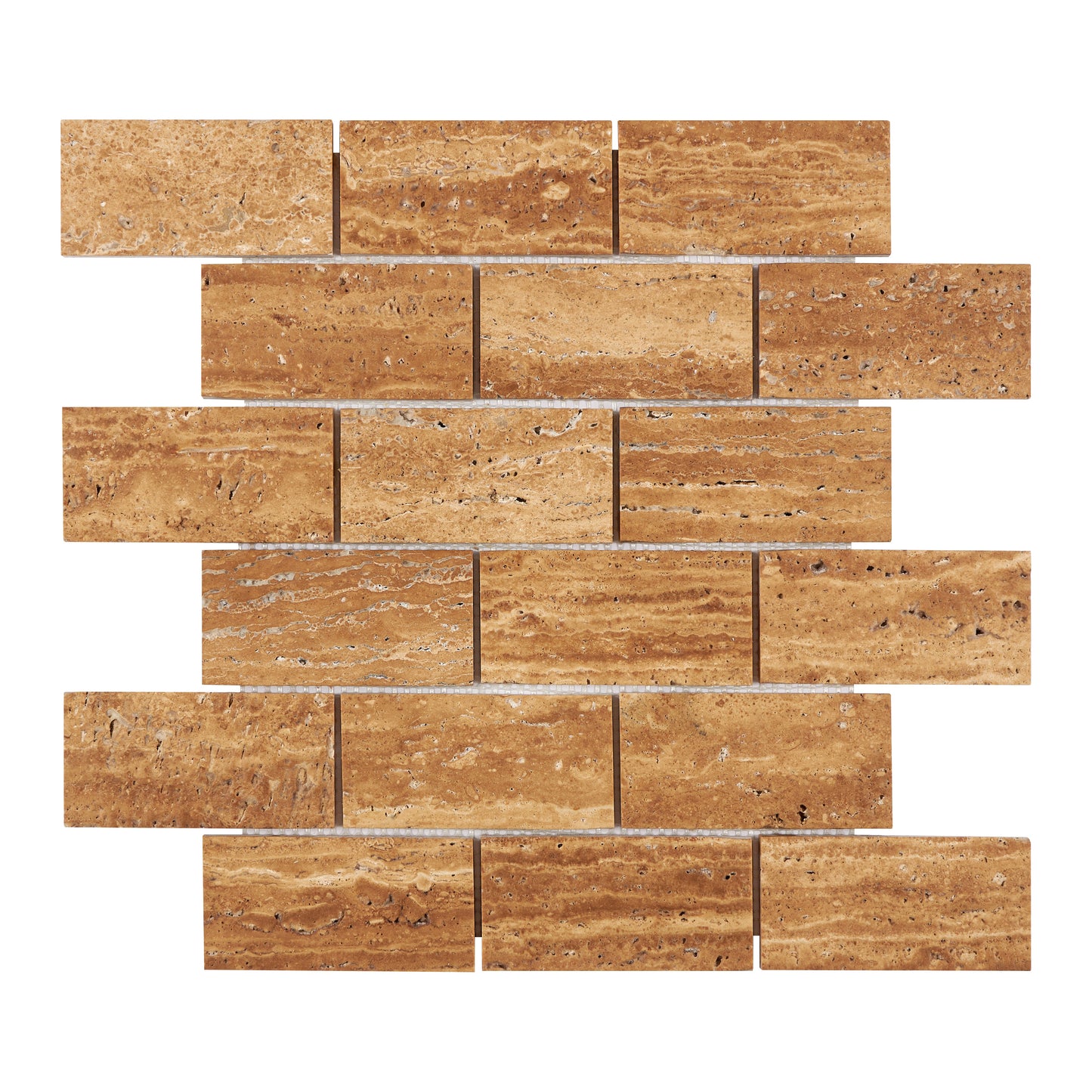 Noce Exotic Travertine Vein-Cut 2’’ X 4’’ Brick Mosaic Brushed & Unfilled/Polished & Unfilled Brushed & Unfilled