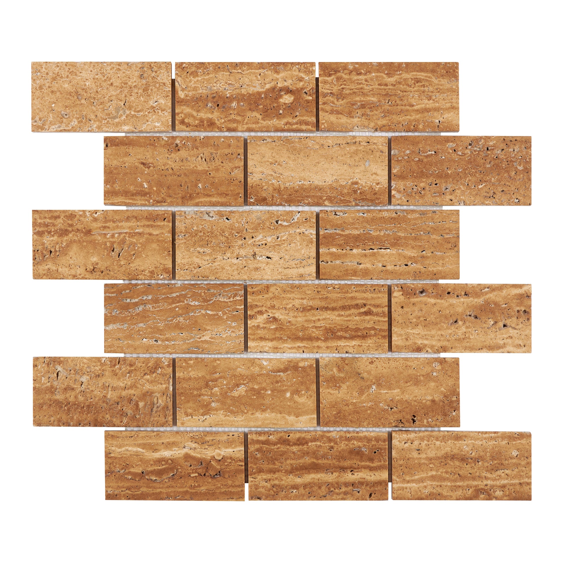 Noce Exotic Travertine Vein-Cut 2’’ X 4’’ Brick Mosaic Brushed & Unfilled/Polished & Unfilled Brushed & Unfilled