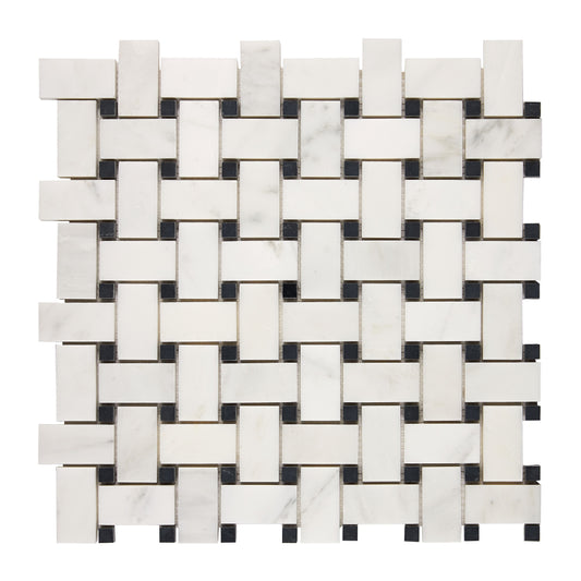 Oriental White (Asian Statuary) Marble Basketweave Mosaic (w/ Black) Polished/Honed Wall Tile
