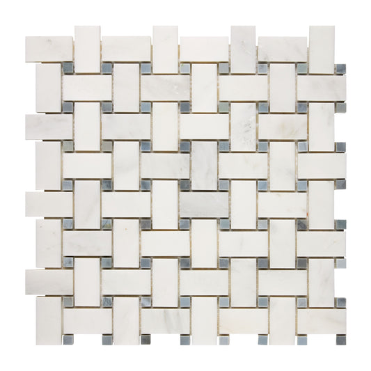 Oriental White (Asian Statuary) Marble Basketweave Mosaic (w/ Blue-Gray) Polished/Honed Wall Tile
