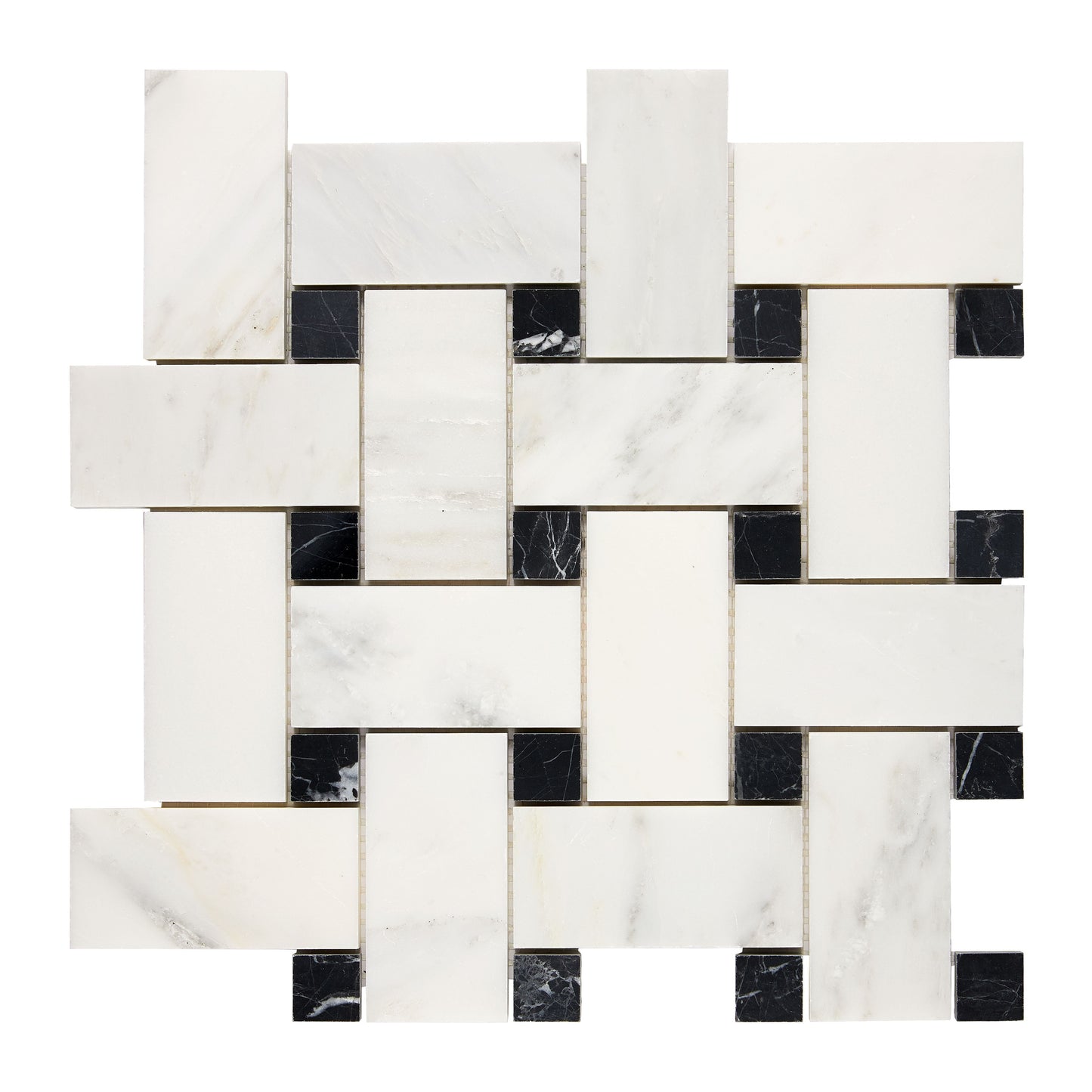 Oriental White (Asian Statuary) Marble Basketweave Large Mosaic (w/ Black) Polished/Honed Wall Tile