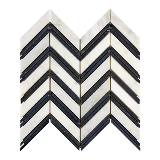 Oriental White (Asian Statuary) Marble Chevron Large (w/ Black) Polished/Honed Wall Tile