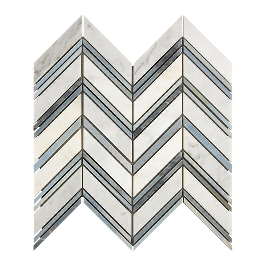 Oriental White (Asian Statuary) Marble Chevron Large Mosaic (w/ Blue-Gray) Polished/Honed Wall Tile