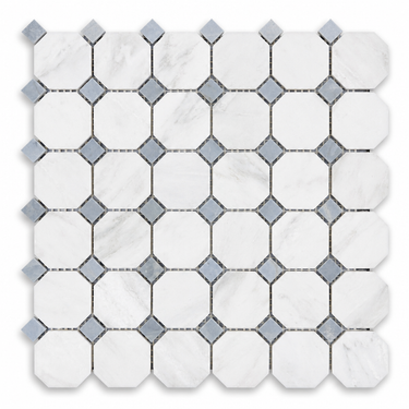 Oriental White marble octagon mosaic sheet with blue-gray Bardiglio Imperiale diamond inserts
