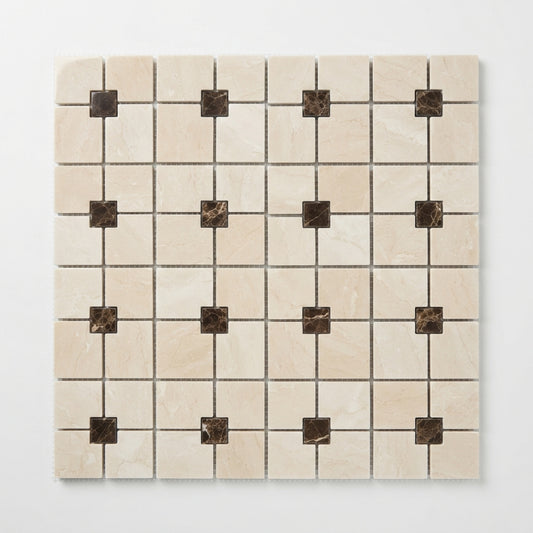 White Pearl (Turkish Botticino) Marble Mosaic - Pinwheel with Emperador Dark Dots