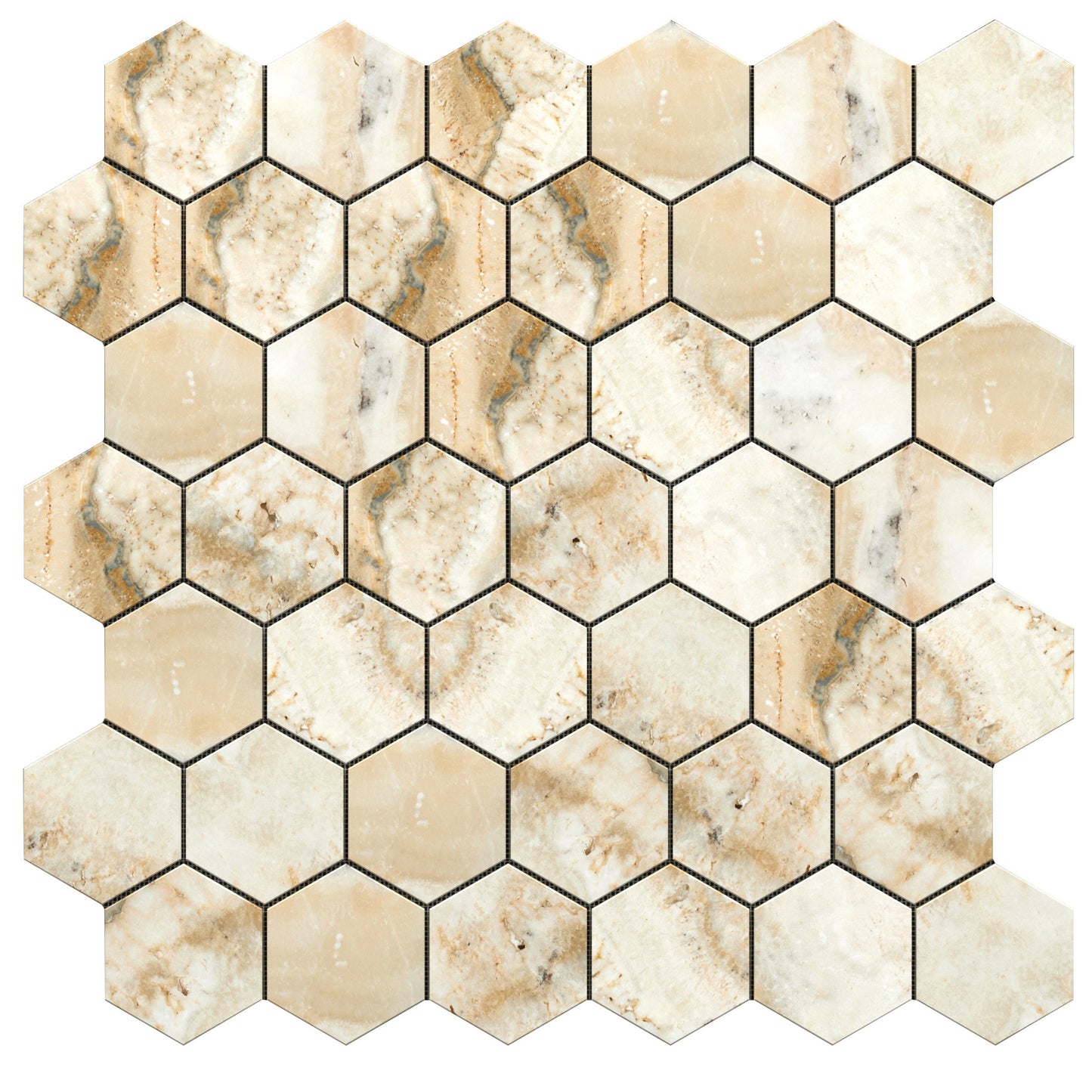 Latravonya Travertine 2’’ X 2’’ Hexagon Mosaic Filled & Honed Wall Tile