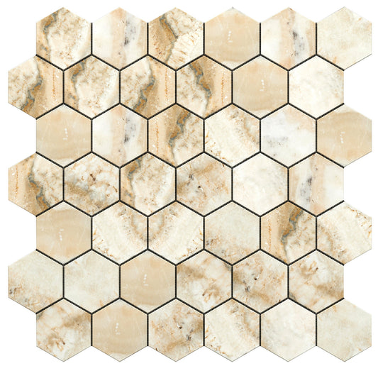 Latravonya Travertine 2’’ X 2’’ Hexagon Mosaic Filled & Honed Wall Tile