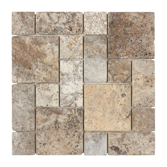Silver Pewter Blend Travertine 3-pcs. Mini-Pattern Mosaic Non-Interlocking Tumbled Wall Tile