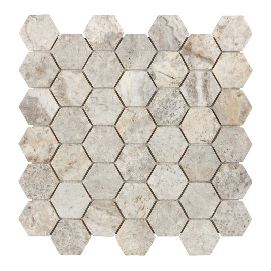 Silver Pewter Blend Travertine 2’’ X 2’’ Hexagon Mosaic Tumbled Wall Tile