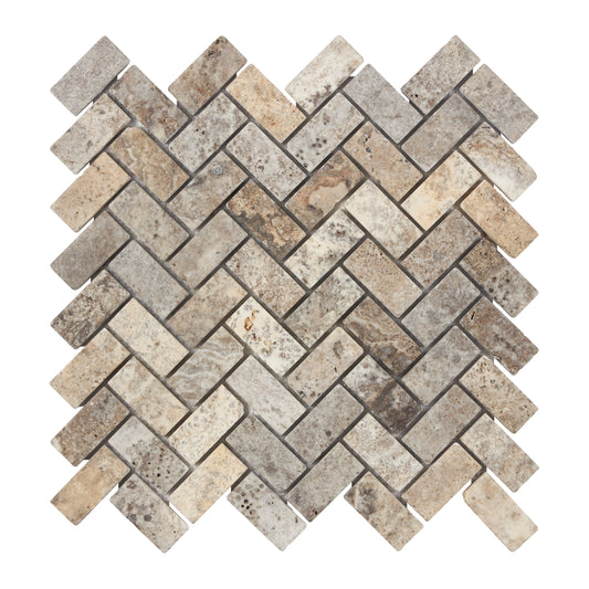Silver Pewter Blend Travertine 1’’ X 2’’ Herringbone Mosaic Tumbled Wall Tile