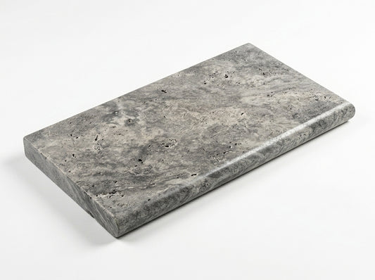 Silver Pewter Blend Travertine Tile - 12x24 Pool-Coping Long-Side-Bullnosed