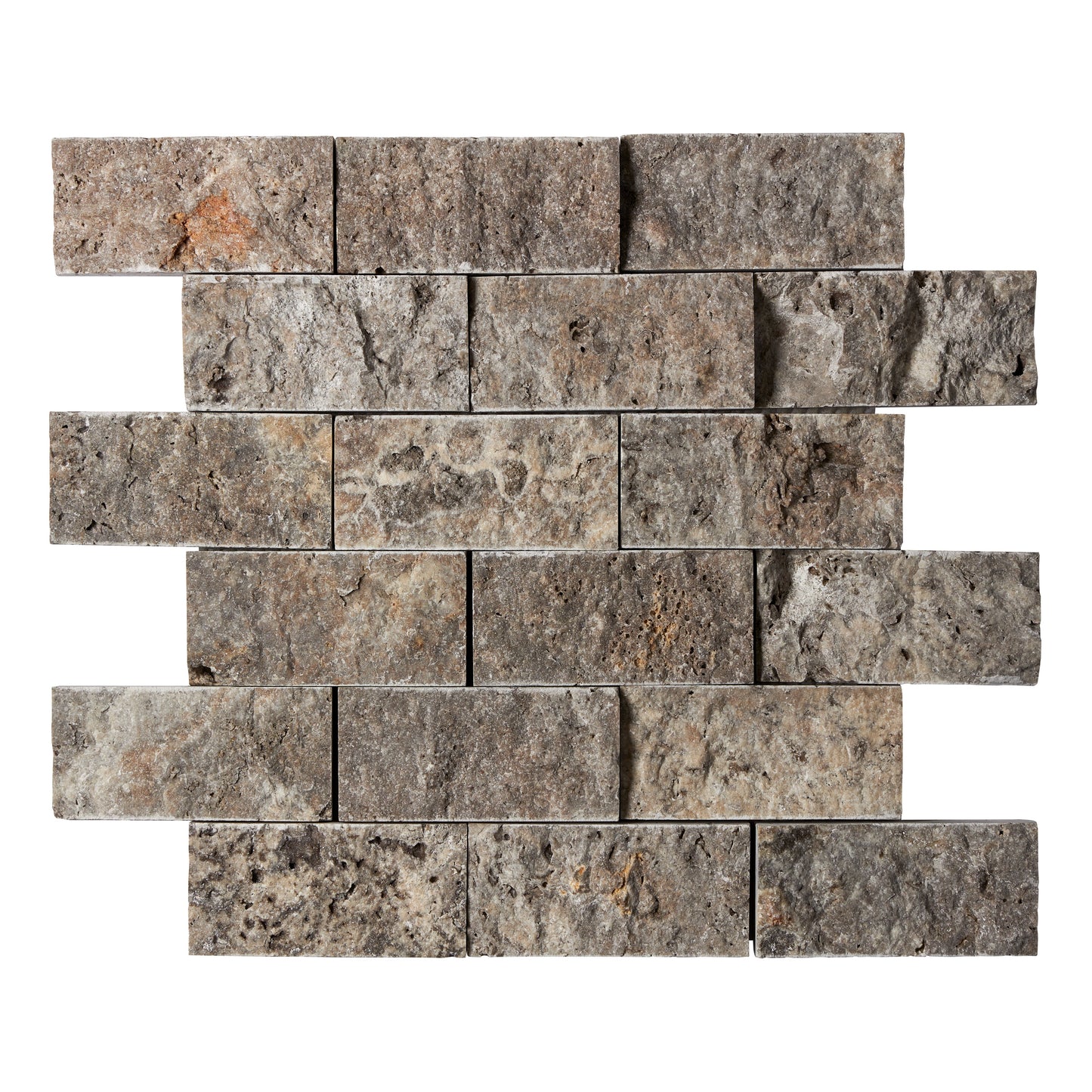 Silver Pewter Blend Travertine 2’’ X 4’’ Brick Mosaic Tumbled/Split-Faced Split-Faced / 1 sheet Wall Tile