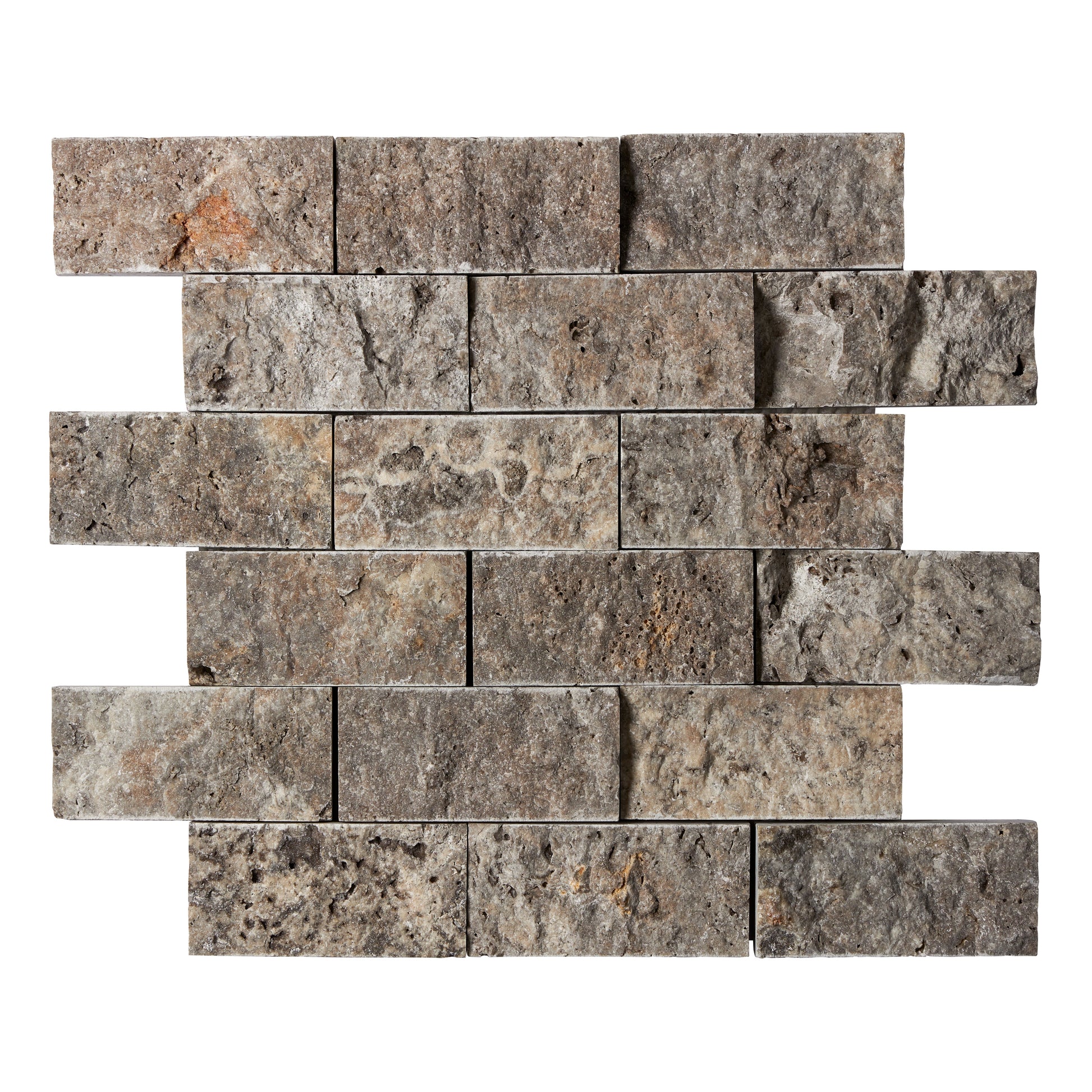 Silver Pewter Blend Travertine 2’’ X 4’’ Brick Mosaic Tumbled/Split-Faced Split-Faced / 1 sheet Wall Tile