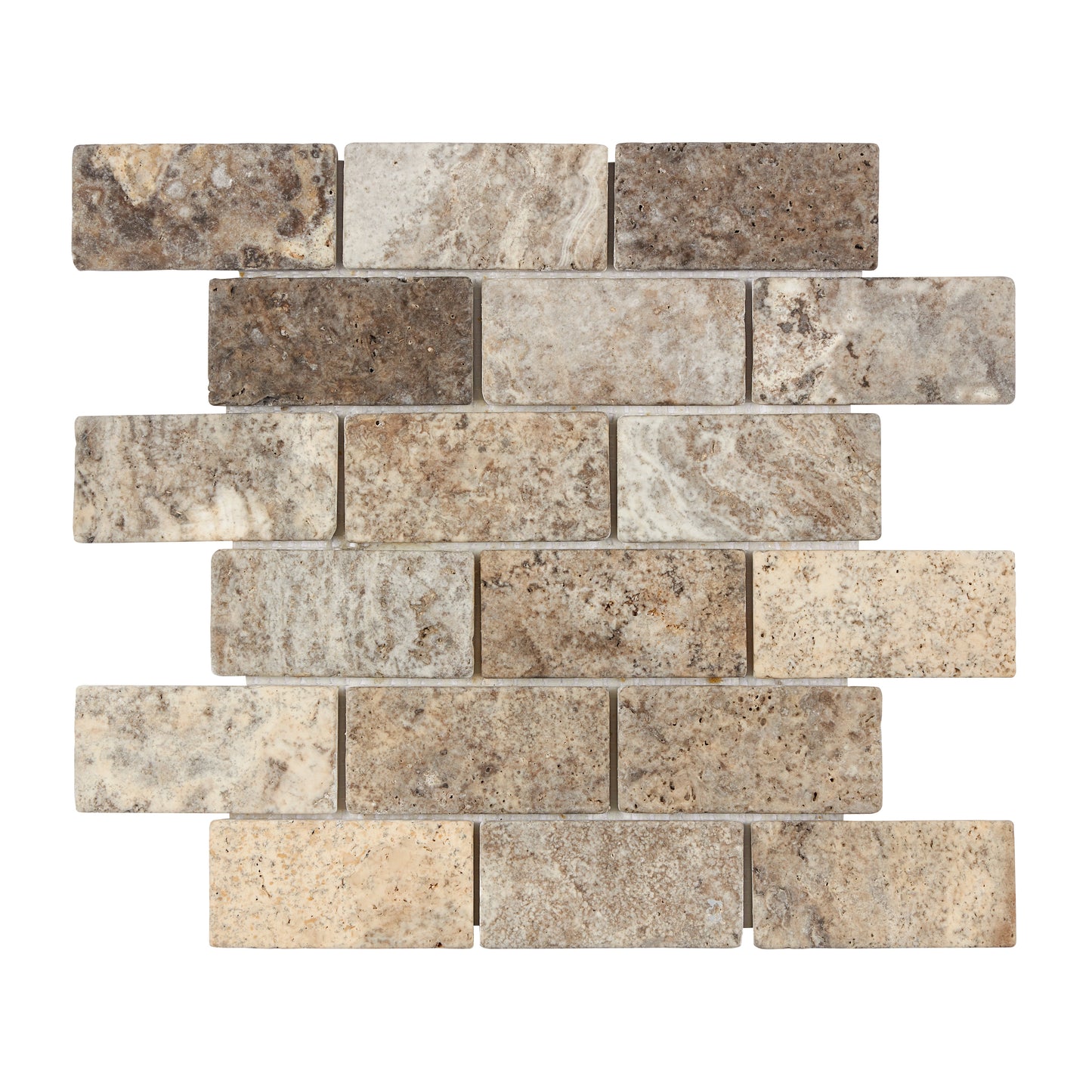 Silver Pewter Blend Travertine 2’’ X 4’’ Brick Mosaic Tumbled/Split-Faced Tumbled / 1 sheet Wall Tile