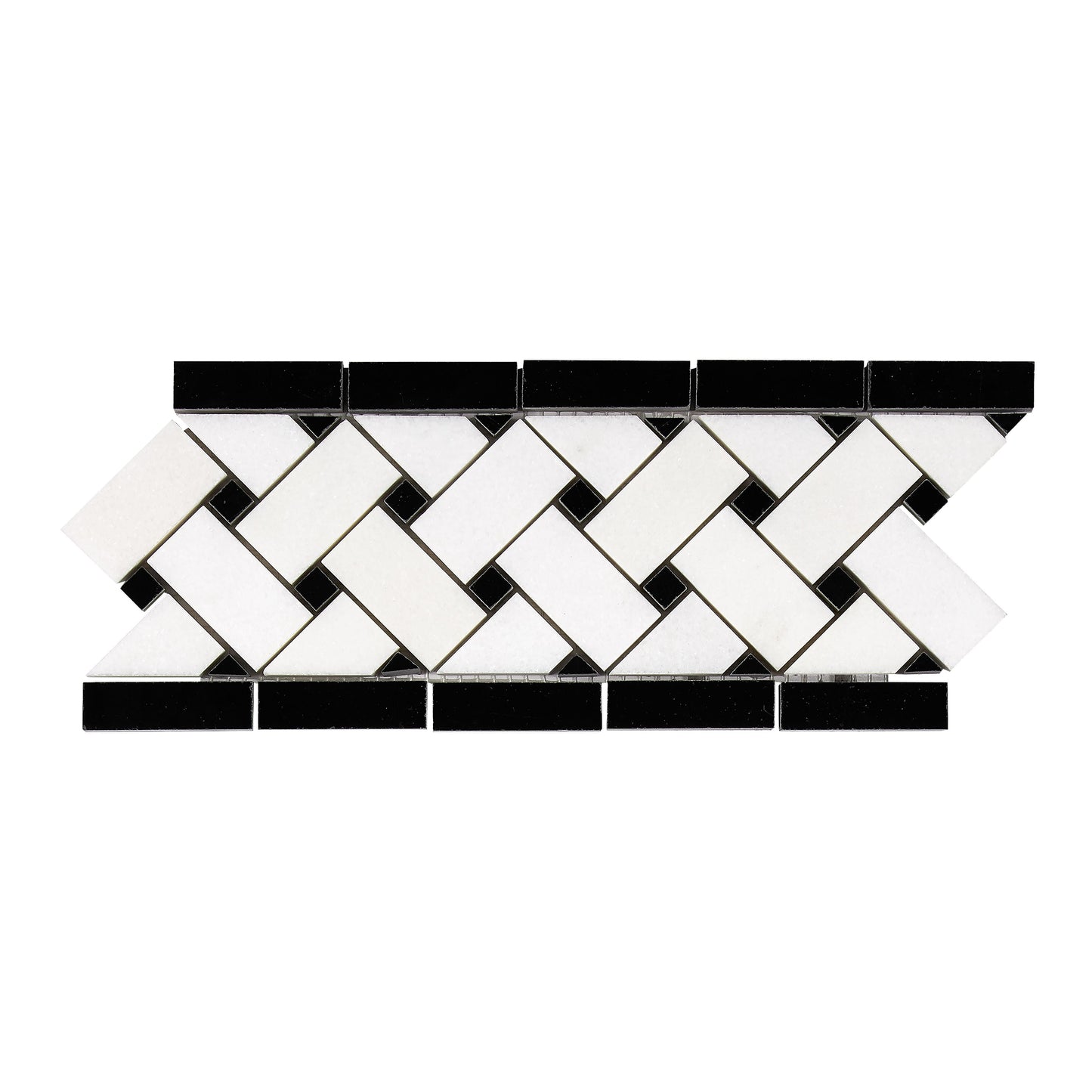 Thassos White Marble 4-3/4’’ X 12’’ Basketweave Border (w/ Black) Polished/Honed Accent & Trim Tile